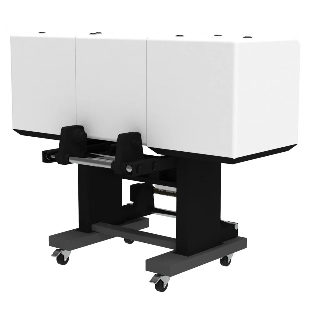 Impressora DTF UV PRIME 30X i1600 — detalhe da área de trabalho e acabamento (impressora DTF para estamparia e personalização têxtil TEKNOVA)
