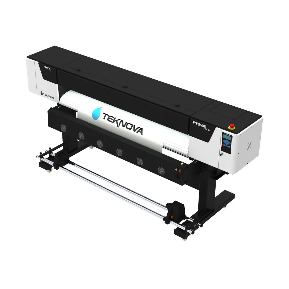 Impressora Eco PRIME 180X — 1 Cabeça — detalhe do painel de controle e cabeçote (impressora de grande formato eco-solvente para banners e adesivos TEKNOVA)