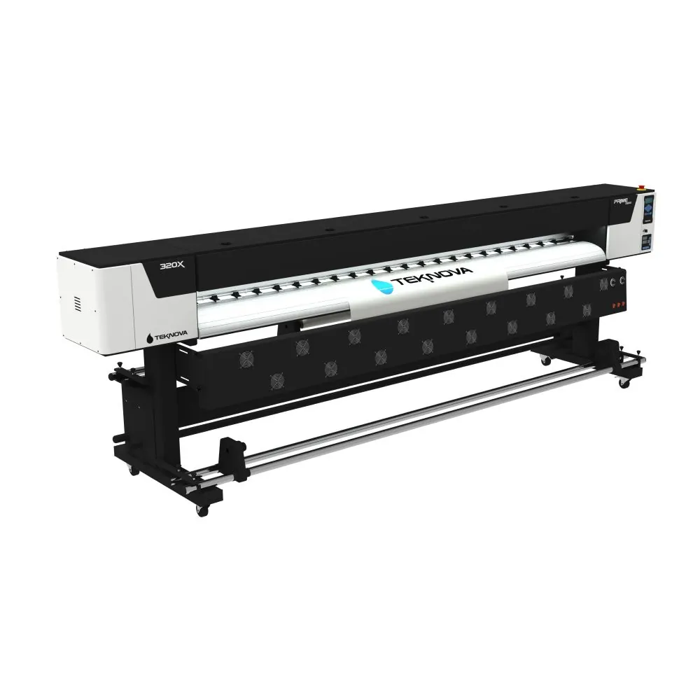 Impressora Eco PRIME 320X — vista lateral e estrutura da máquina (impressora de grande formato eco-solvente para banners e adesivos TEKNOVA)