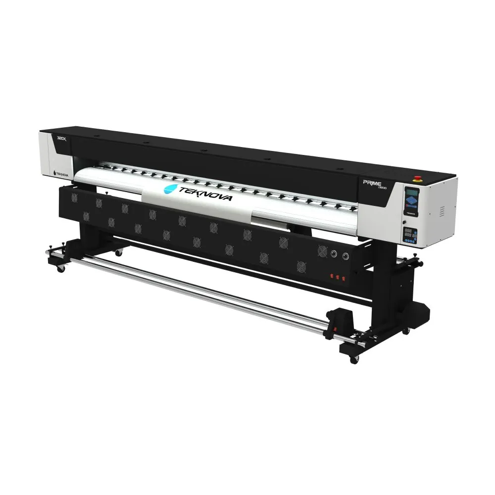 Impressora Eco PRIME 320X — detalhe do painel de controle e cabeçote (impressora de grande formato eco-solvente para banners e adesivos TEKNOVA)