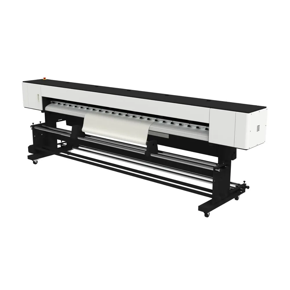Impressora Eco PRIME 320X — detalhe da área de trabalho e acabamento (impressora de grande formato eco-solvente para banners e adesivos TEKNOVA)