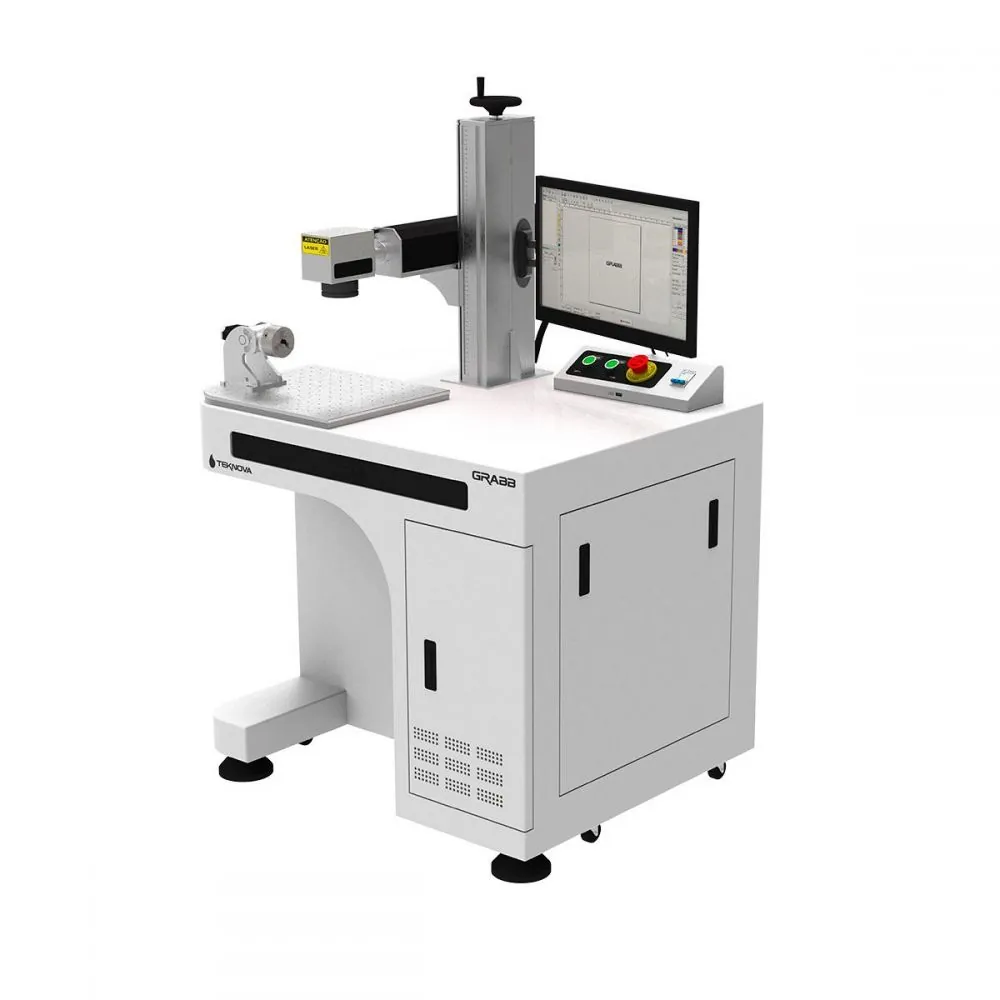 Laser de Gravação Fiber GRABB — vista lateral e estrutura da máquina (máquina laser para corte e gravação em acrílico, MDF e metais TEKNOVA)