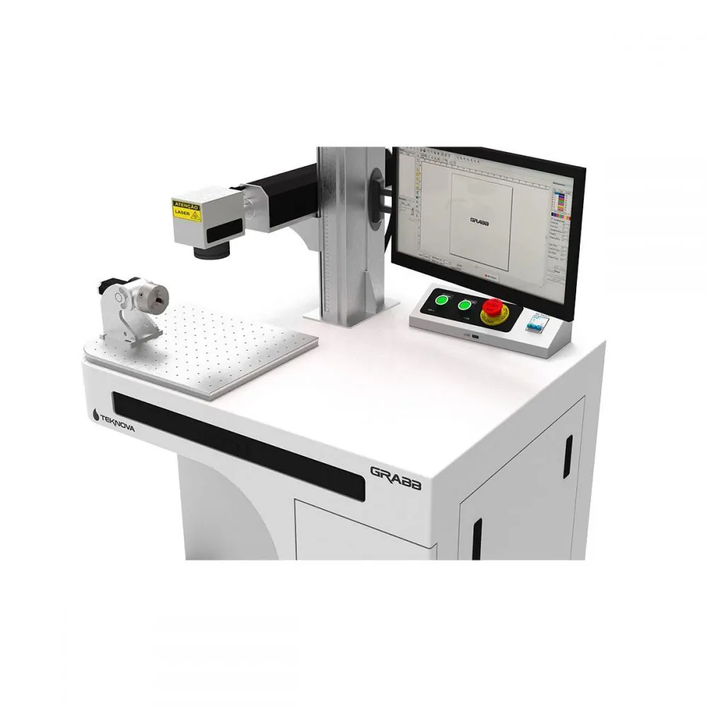 Laser de Gravação Fiber GRABB — detalhe do painel de controle e cabeçote (máquina laser para corte e gravação em acrílico, MDF e metais TEKNOVA)