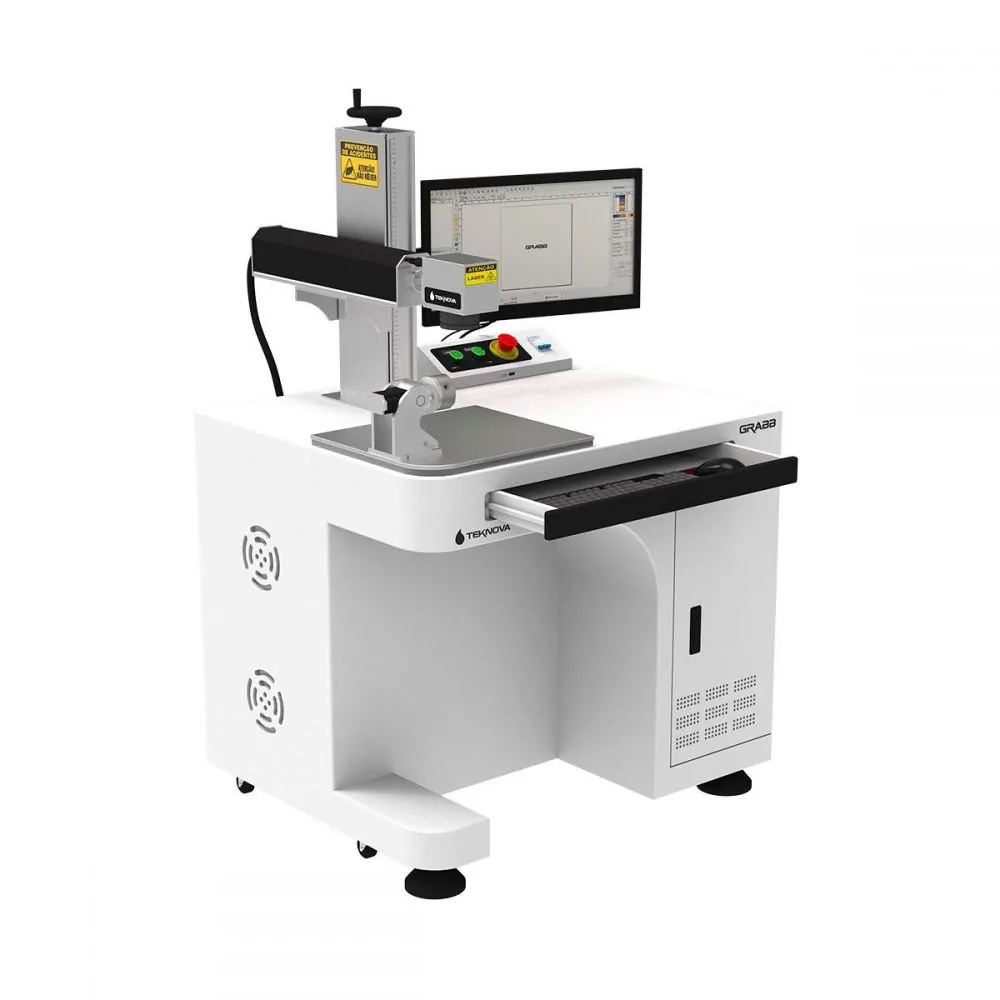 Laser de Gravação Fiber GRABB — detalhe da área de trabalho e acabamento (máquina laser para corte e gravação em acrílico, MDF e metais TEKNOVA)