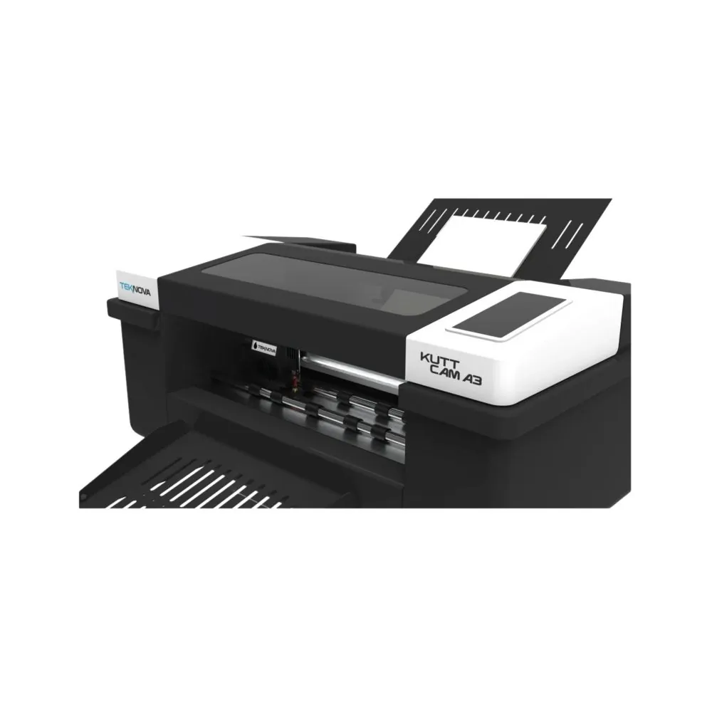 Plotter de Recorte KUTT A3 Single — detalhe da área de trabalho e acabamento (plotter de recorte para vinil adesivo e comunicação visual TEKNOVA)