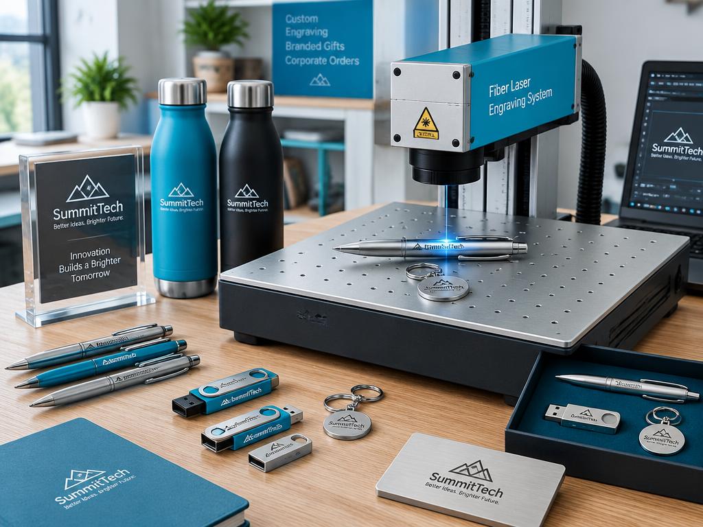 Gravadora a laser fiber marcando logo em caneta metálica cercada de brindes corporativos gravados