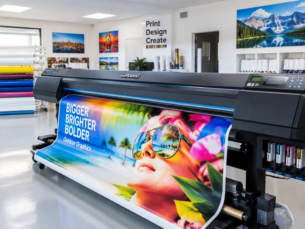 Impressora de grande formato imprimindo banner colorido em showroom de comunicação visual
