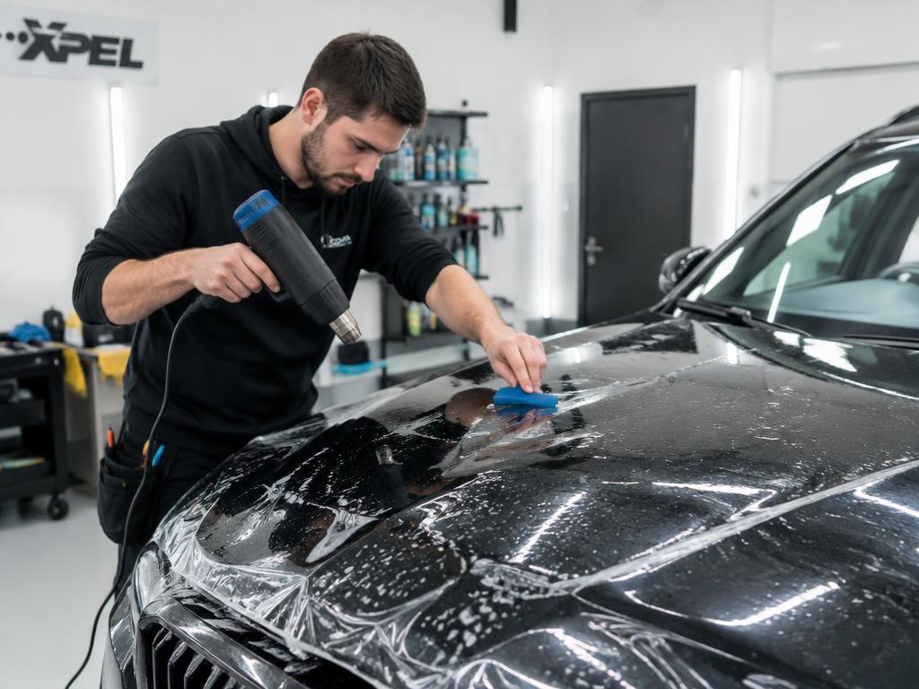 Profissional aplicando película de proteção PPF em capô de carro em estúdio de estética automotiva