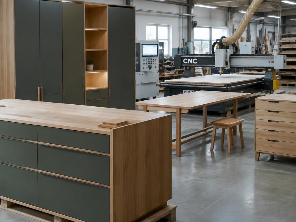 Marcenaria moderna com móveis em MDF e Router CNC cortando painel de madeira ao fundo