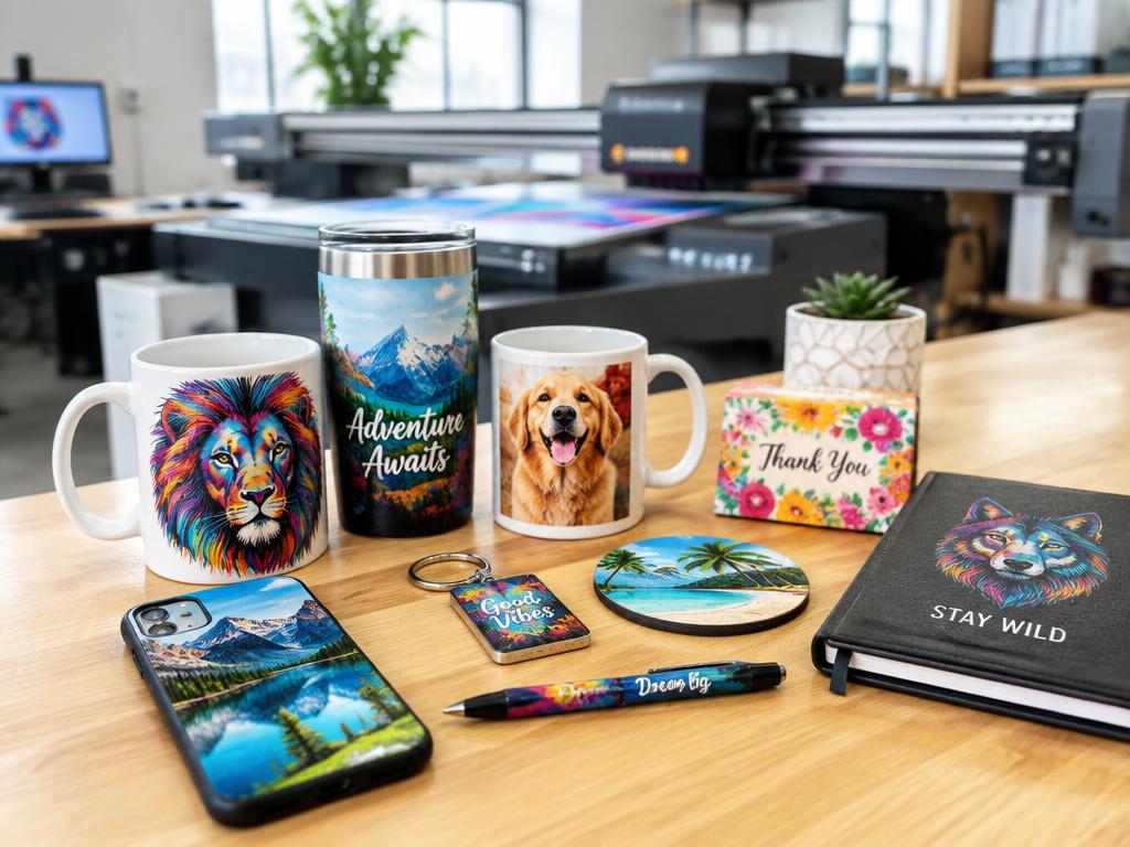 Canecas, squeeze, capinha e brindes personalizados com impressão UV sobre bancada de produção