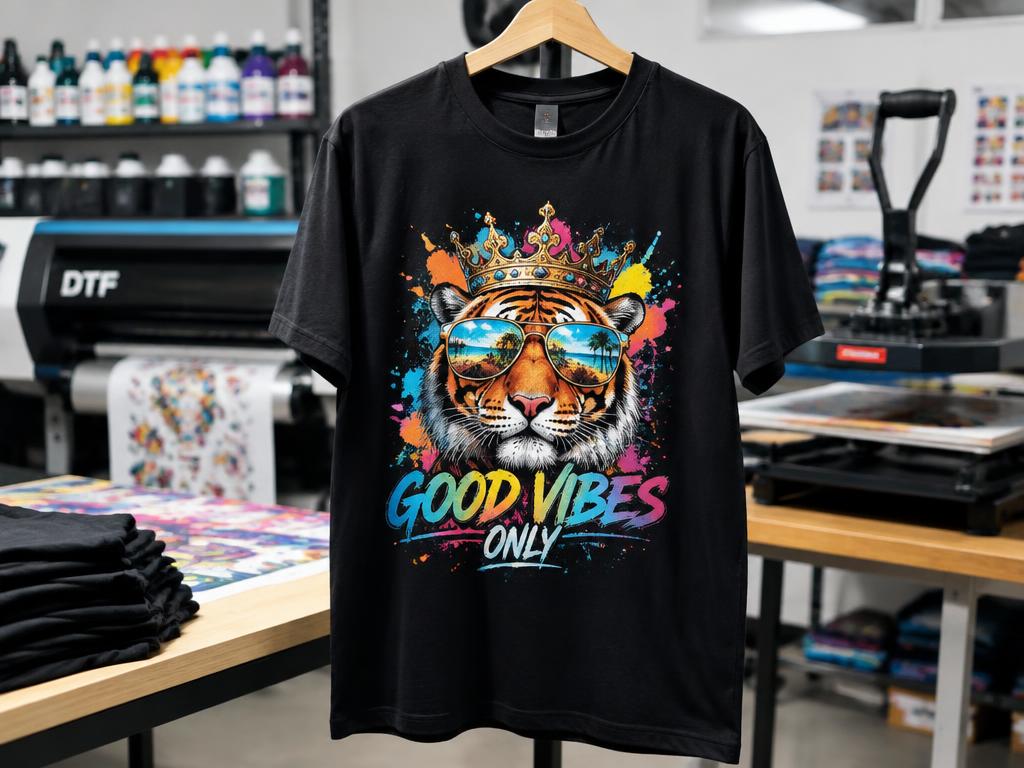 Camiseta personalizada com estampa DTF colorida em produção têxtil com impressora e prensa térmica